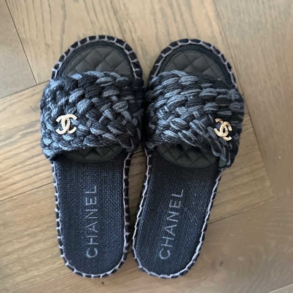 Chanel Mules, Corde Tressee - Black and Gold Slide Sandals with Woven Texture